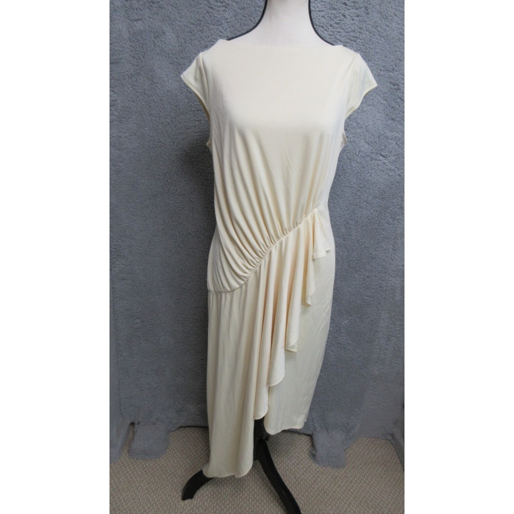 Maggy London Ruffled Dress 10P Butter Yellow Asymmetrical Draped Elegant Unique
